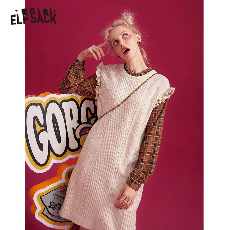 ELFSACK, черное платье в клеточку, лоскутное, повседневное, женское платье, зима, абрикосовое, модное, длинное, с оборками, рукав, прямое, женские платья