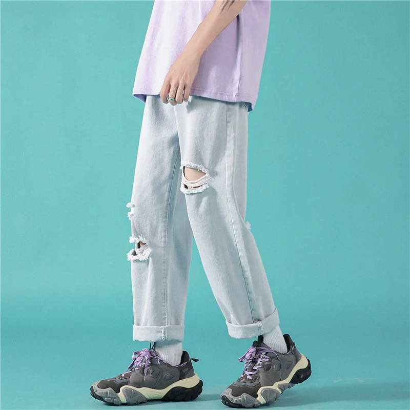 ICCLEK Fall Hiphop Jeans Hip Hop Ripped Jeans Men's Straight Pants Distressed Jeans  Patchwork Jeans  Men Clothing