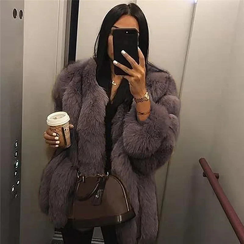 

2019 Winter Warm Imitation Fur Fur Fashion Jacket Casual Sexy Solid Color Round Neck Was Thin Cardigan Long Sleeve G0903