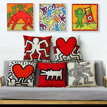 

Keith Haring Heart Graffiti Cushion Cover Beige Linen Pillowcase Throw Pillows