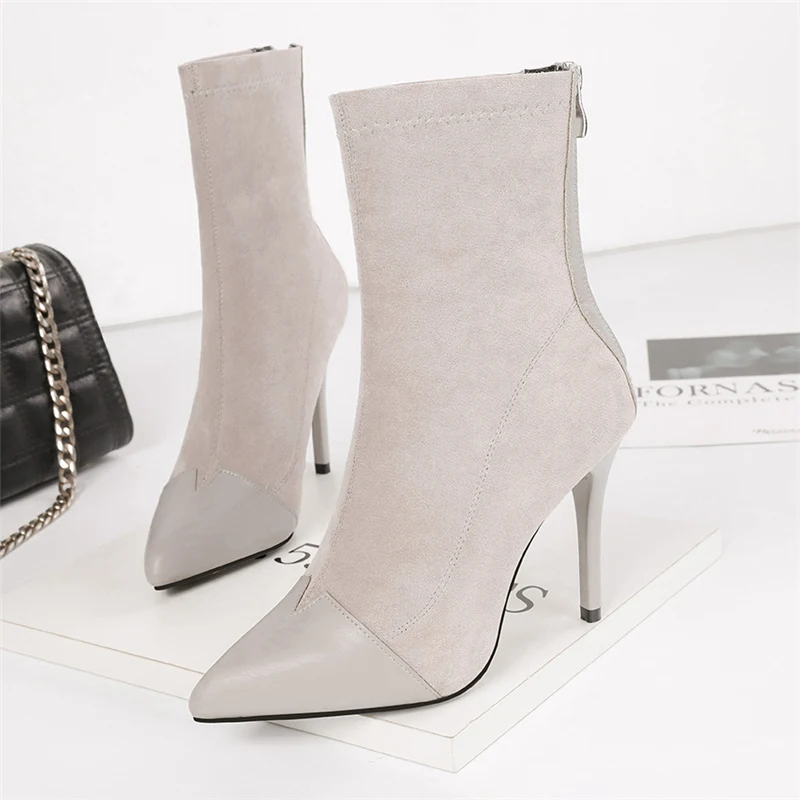 

2019 Winter Spring Trending Women Beige High Heels Ankle Boots Stretch Fabric Tacones Suede Pastel Stiletto Chelsea Boots Shoes