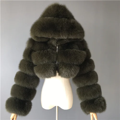 Army green Зимние женские пальто из натурального Лисьего меха, натуральная женская куртка из лисьего меха, высокое качество, женское меховое пальто с капюшоном - Цвет: Army green