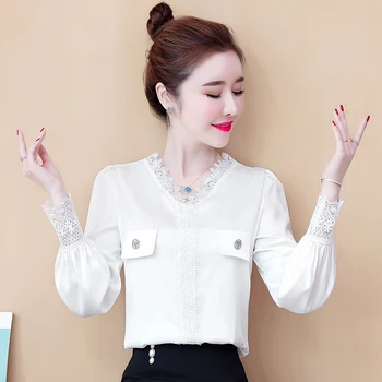 

COIGARSAM Chiffon blouse women New Full Sleeve Lace V-Neck blusas womens tops and blouses White Red Blue Black 6012