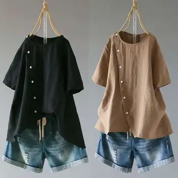 

2020 ZANZEA Fashion Summer Linen Top Women's Irregular Blouse Casual Short Sleeve Shirt Female Button Blusas Plus Size Tunic 5XL