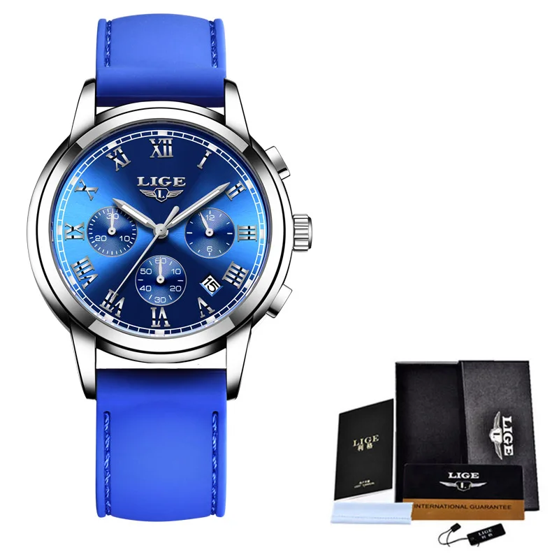 Blue silver Новые мужские часы люксовый бренд LIGE Хронограф Мужские спортивные часы водонепроницаемые силиконовые кварцевые мужские часы Relogio Masculino - Цвет: Blue silver