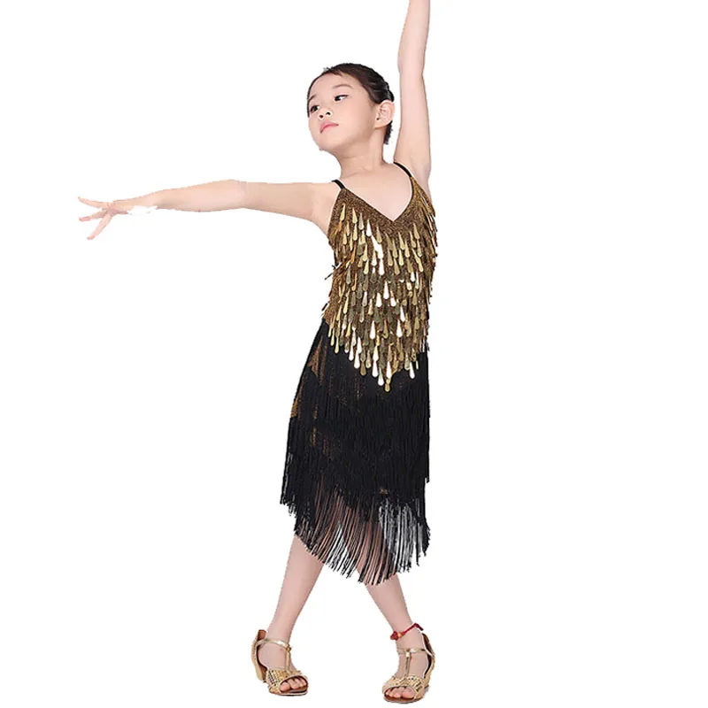Платье для латинских танцев для девочек; Бальные платья для сальсы/Танго/ча-румбы; костюмы для соревнований; детская одежда для занятий танцами - Цвет: Золотой