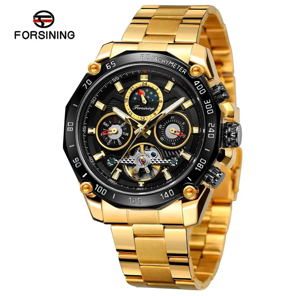 

FORSINING brand men's military watch gold steel belt men's sports wrist watch fashion tourbillon mechanical men's watch
