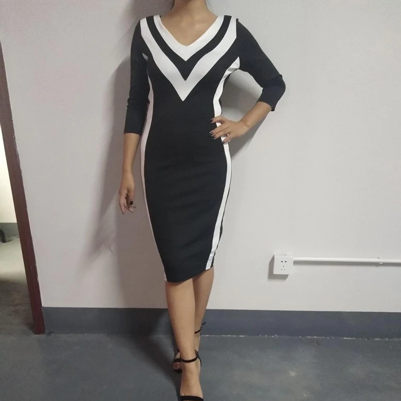 Summer Women Elegant Work Wear Slim Fit V-Neck Colorblock Mini Casual Dress Contrast Color Striped Tape Bodycon Dress Vestidos