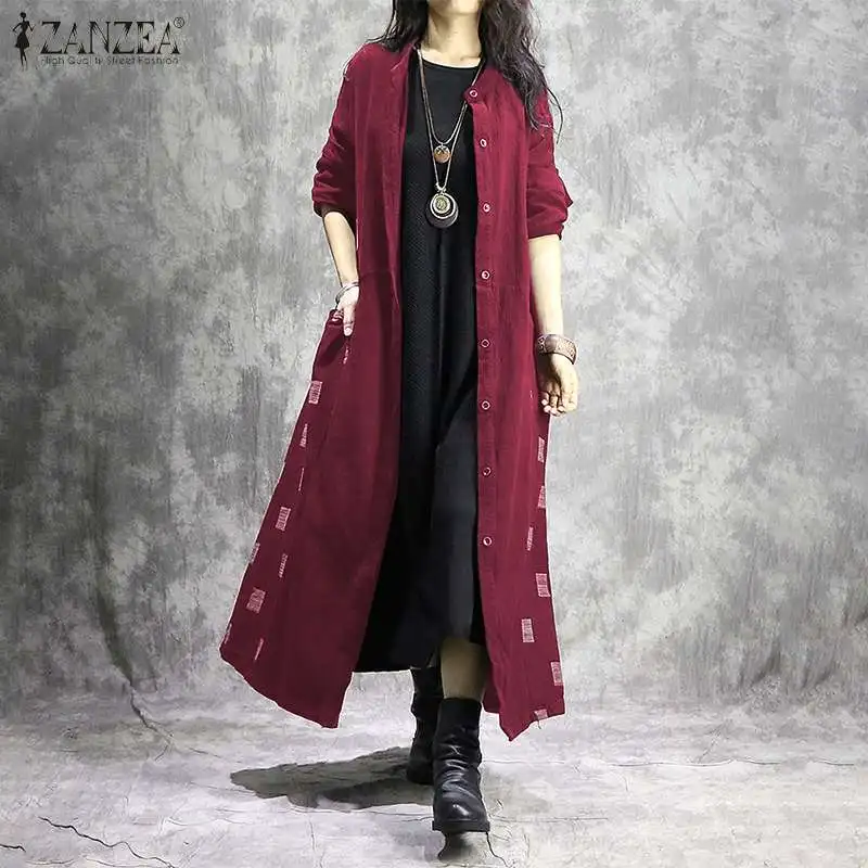

ZANZEA Spring Long Sleeve Maxi Long Shirt Vestido Vintage Women Sundress Casual Cotton Linen Cardigan Plus Size Printed Blouse