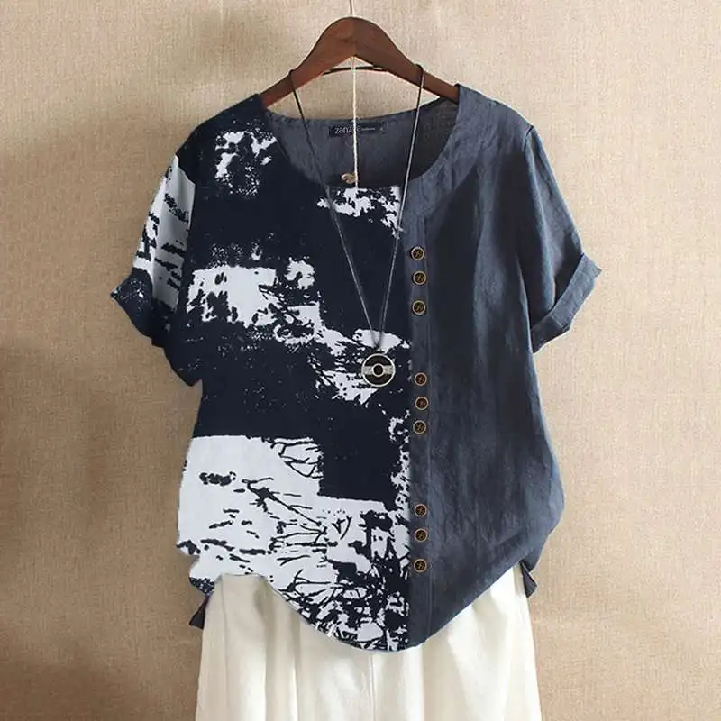 Navy Женская блузка с принтом, ZANZEA Kaftan, Лоскутные Топы, повседневные летние рубашки с коротким рукавом, женские блузы с круглым вырезом размера плюс, сорочка - Цвет: Navy