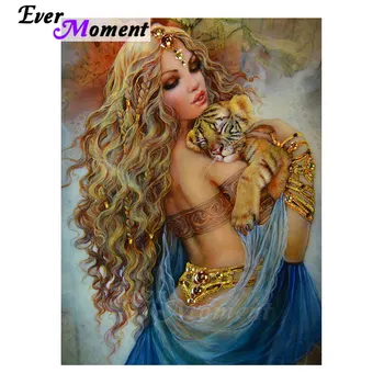 

Ever Moment Diamond Art Painting Set Sexy Blonde Girl Holding Tiger DIY Craft Mosaic Diamond Embroidery 5D New Arrivals 5L323