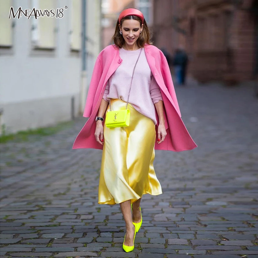 Mnealways18 Розовая атласная шелковая длинная юбка женская элегантная желтая миди с