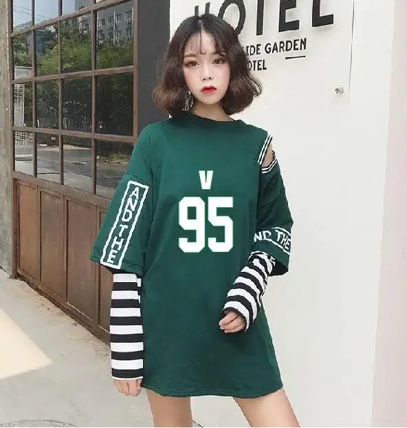 Kpop Bangtan Jungkook поддельная двухсекционная толстовка женская мода сшивание свитер в полоску Хип-хоп топы готика, Харадзюку Толстовка