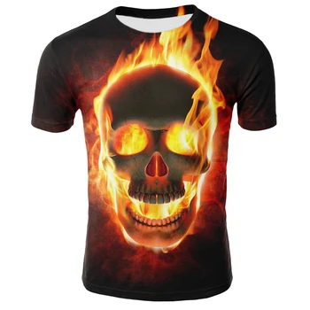 

New Skull T Shirt Men Hip-Hop Round Neck Short Sleeve Streetwear Tops Tees Casual 3D Print Fire Skull T-shirt Halloween Clothing