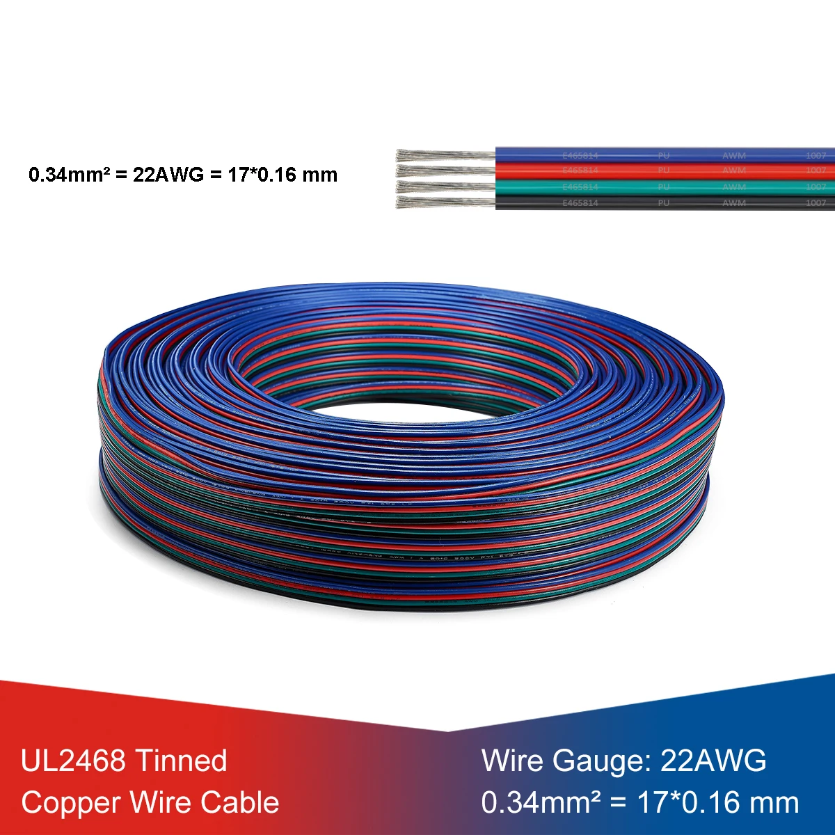UL2468 4pin 22AWG Gauge Wire LED Strip Electrical Cable SM JST