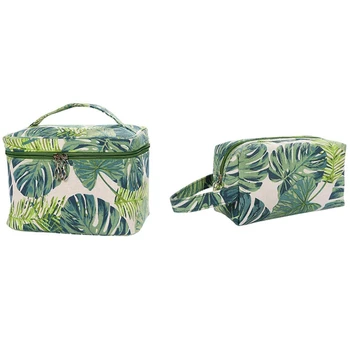 

2 Pcs Womens Cosmetic Pouch Travel Clutch Purse Green Leaves Handbag Organizer With Zipper, Pillow Shape & Bucket Type