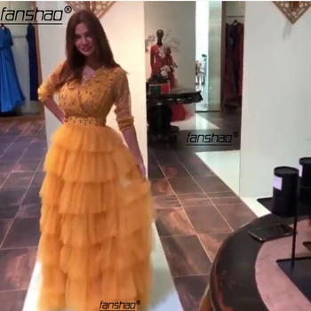 

Tiered Evening Dresses V Neck Tulle Three Quarter Sleeves Robe De Soiree Dubai Saudi Arabic Evening Gowns Crystal Prom Dress