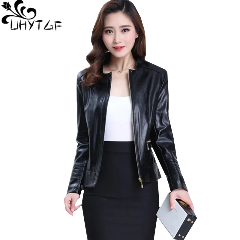 UHYTGF Women Leather Jacket Casual 6XL Plus Size Coat Quality PU Spring Autumn Washed Short Top 832 | Женская одежда