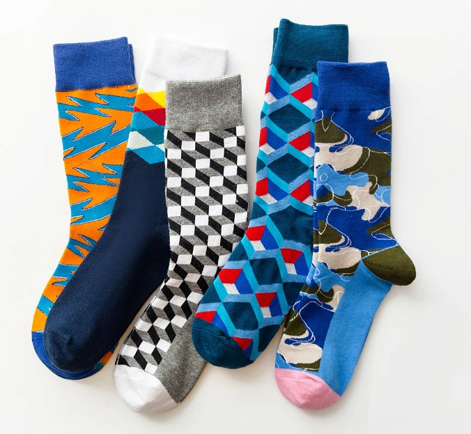 

1 pair men socks combed cotton cartoon Geometric Lattice Camouflage novelty funny socks