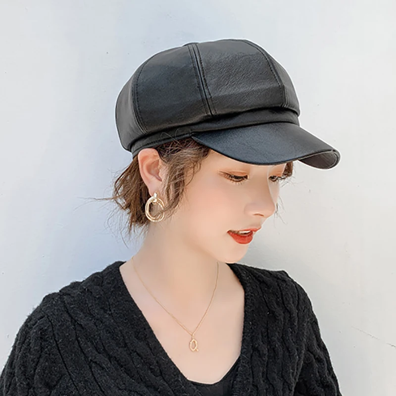 Cpop Black PU Leather Hats High Quality New Fashion Pure Colors Visors Hats Winter Simple Personality Elegant Women Winter Gifts