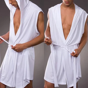 

Men's Robes Sexy Bathrobe Ice Silk Hooded Sleeveless Sleepwear Pajamas Nightwear Summer Home Wear Solid Color New Male Clothing