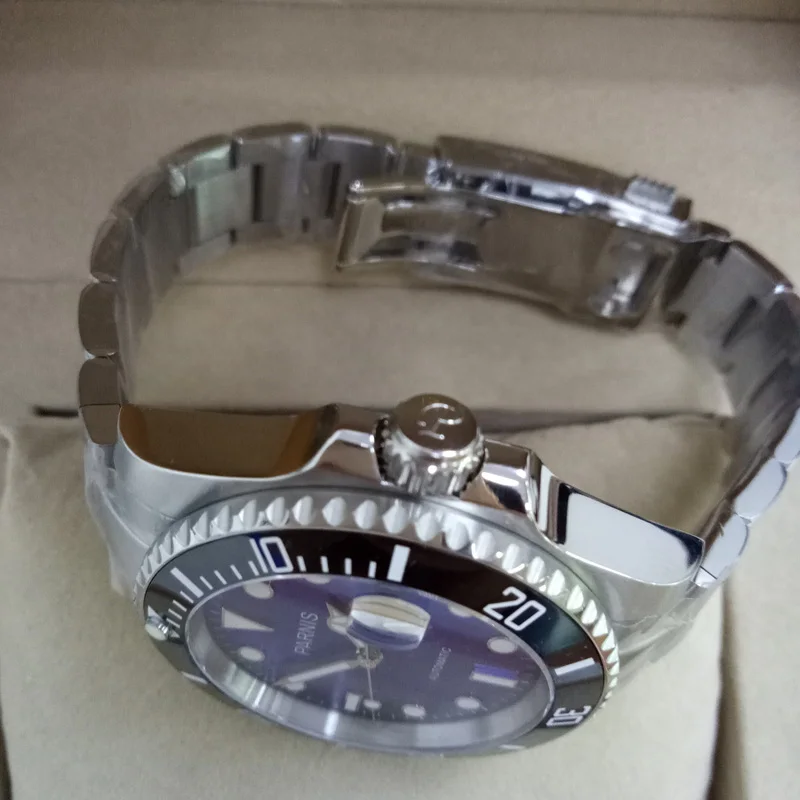 Модные Parnis 40 мм черный Безель синий циферблат Автоматические Мужские механические часы для дайвинга мужские часы браслет из нержавеющей стали мужские часы