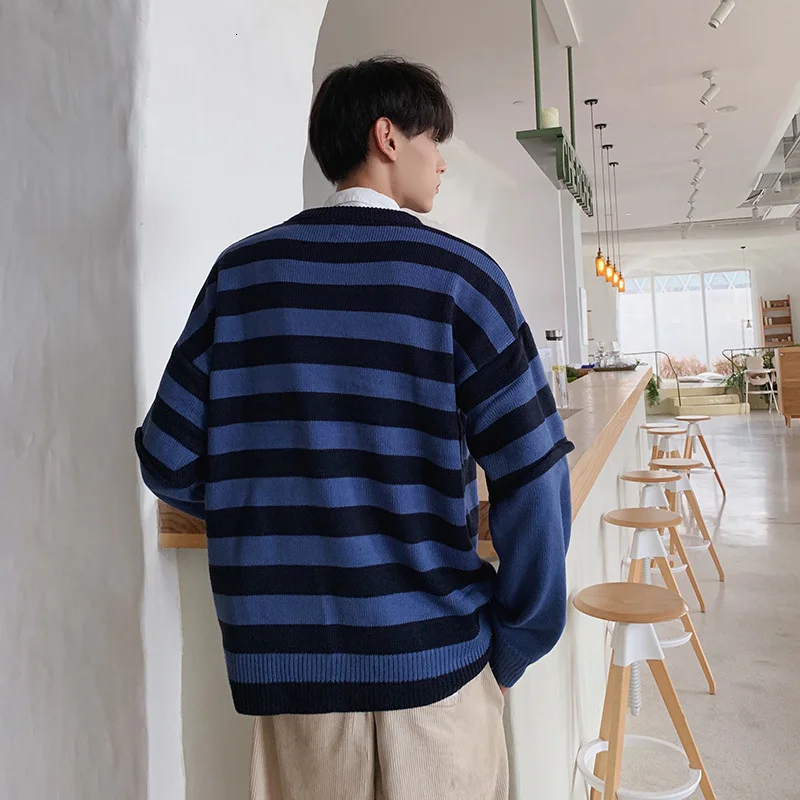 Autumn Sweater Men Fashion Contrast Color Casual Striped Couple Sweter Streetwear Loose Fake Two-piece Knitting Pullover Men