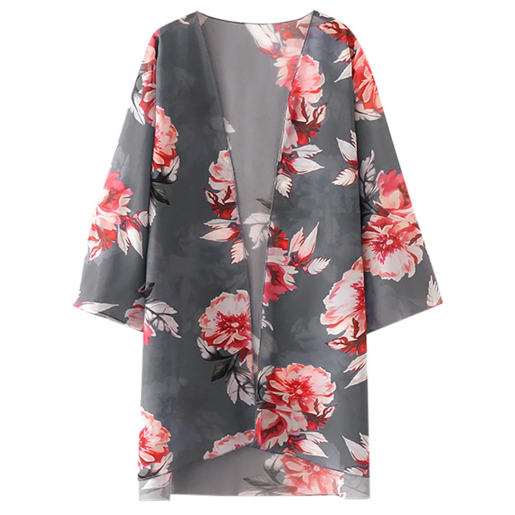 Женская летняя пляжная Повседневная шифоновая блузка-кимоно с цветочным принтом, женская модная свободная накидка от солнца - Цвет: Серый