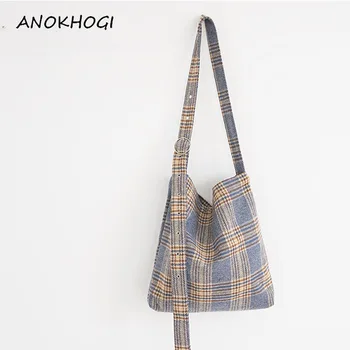 

Retro Checkered Adjustable Women Shoulder Bags Big Wool England Style Students College Cross Body Bag B597