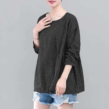 

New New Women Round Neck Long Sleeve Loose Blouse Cotton Linen Vingtage Plaid Shirt Blusas Autumn Oversized Tops T8