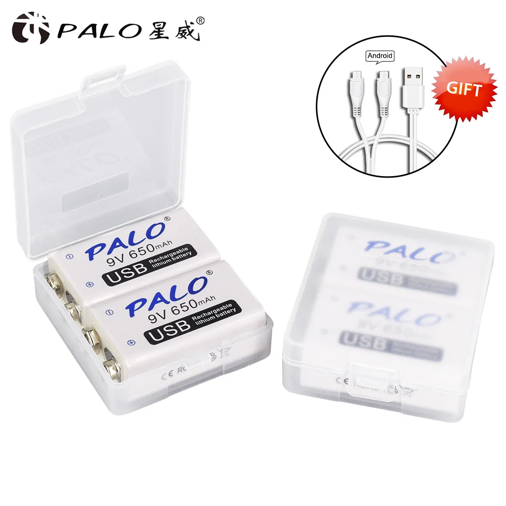 PALO 9V USB литиевая батарея 650mAh 6F22 6LR61 литий-ионная аккумуляторная батарея для игрушек массажеры мультиметры гитара с USB кабелем - Цвет: 4 pcs