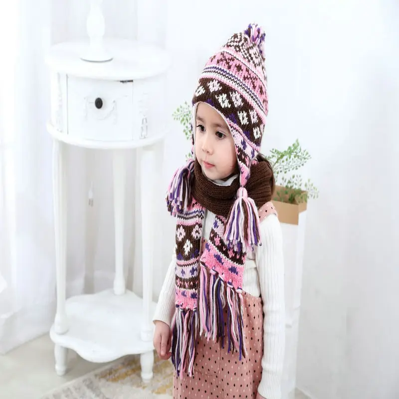 Iceland yarn rhombus jacquard children's hat children's scarf two-piece children's autumn and winter hat