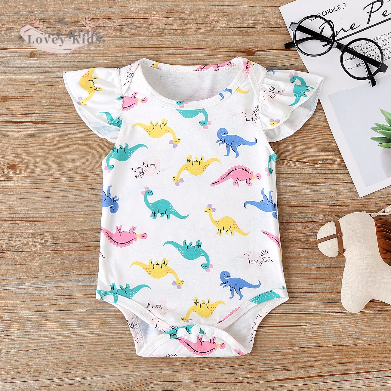 

2020 Summer Toddler Baby Girl Boy Bodysuit Short Sleeve Ruffle Cotton Dinosaur Print Cute Jumpsuit