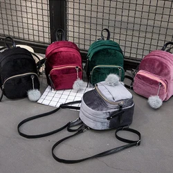 Women Backpacks Velvet Backpack Veludo Schoolbag Zipper With Pompom Fashion Casual Mini Backpacks Female Bags
