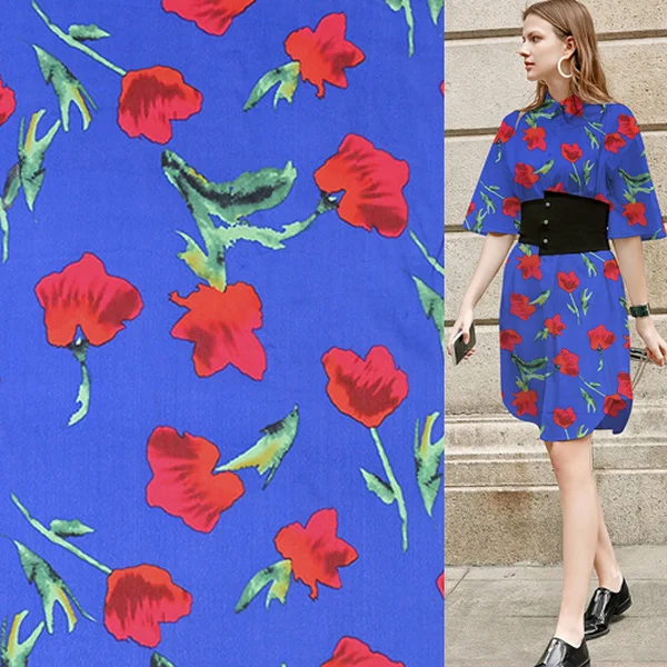 

Big red floral on blue bottom silk cotton fabric silk blending cotton,SCT587