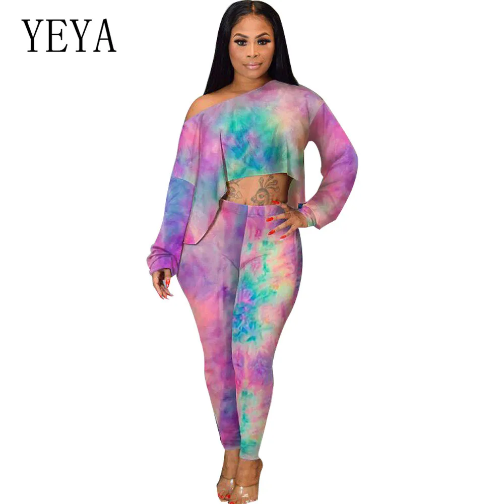 

YEYA New Fashion Tie Dyeing Print Two Pieces Sets Long Sleeve Jumpsuits Women Vintage Hollow Out Playsuits Female Bodycon Wear