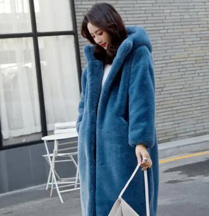 blue Зимнее пальто из искусственного меха норки, Женское зимнее длинное пальто, Женская Толстая теплая куртка из искусственного меха с капюшоном, женское свободное плюшевое пальто большого размера - Цвет: blue