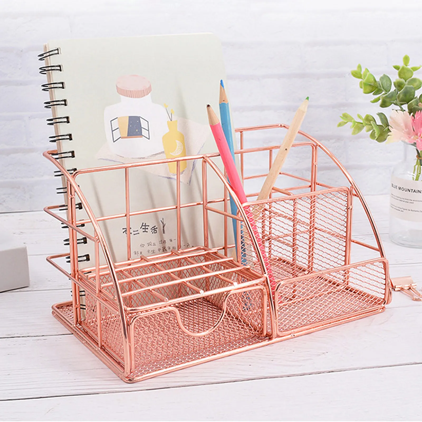 Rose Gold Metal Mesh Office Desk Organizer Pen Magazine Holder Tray File with Drawer for Desktop Accessories Supplies Storage desk organizer metal mesh desktop office supplies multi functional caddy pen holder stationery with 8 compartments and 1 drawer