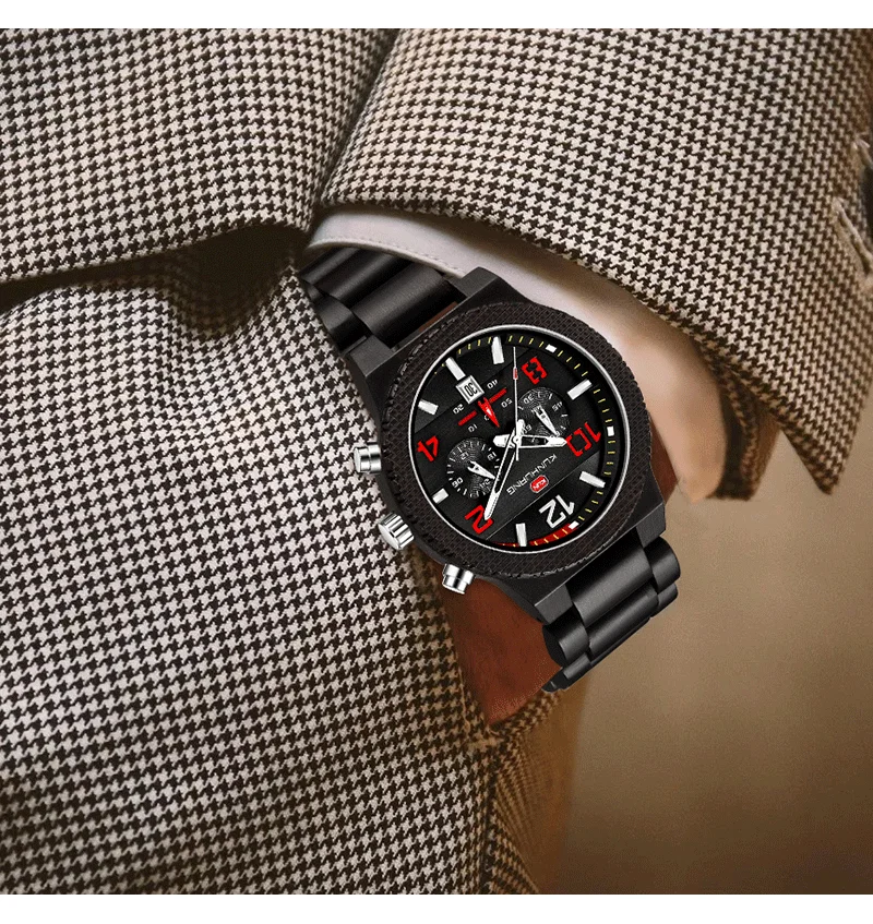 KUNHUANG модные мужские часы zebra-wood многофункциональные спортивные мужские часы из красного сандалового дерева светящиеся черные мужские наручные часы