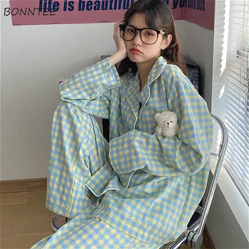 

LEOSOXS Autumn Pajama Sets Plaid Long Sleeve Soft Lovely Girls Nightwear Loose Trendy Daily Chic 2 Piece Womens Sleepwear