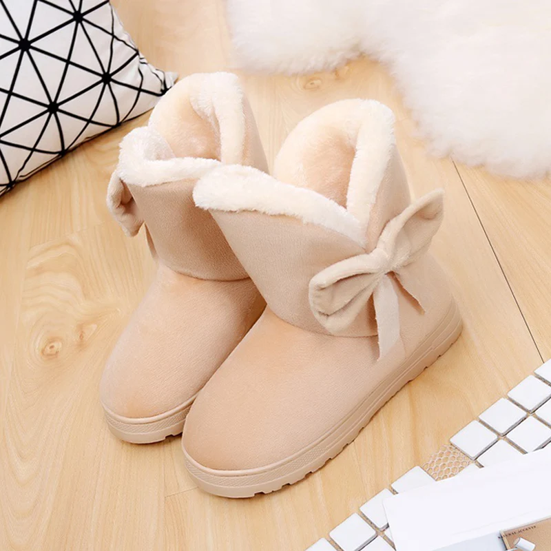 1 пара; женские зимние ботинки; Теплая обувь с бантом; плюшевая нескользящая зимняя Уличная обувь; EDF88 - Цвет: Бежевый