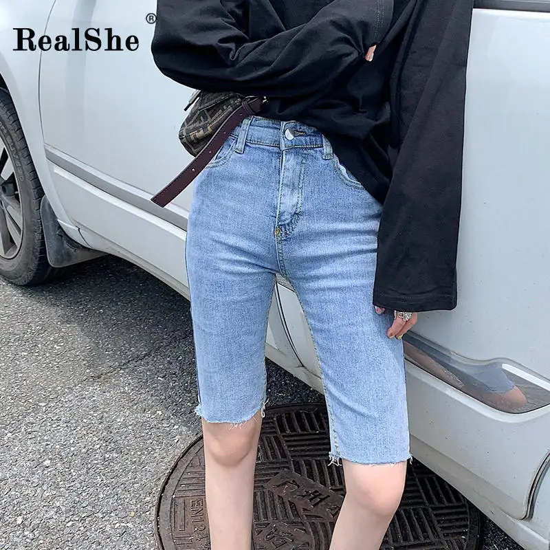 blue women shorts RealShe женские джинсовые шорты с высокой талией на молнии, однотонные обтягивающие шорты для женщин, уличная одежда, повседневные летние женские шорты размера плюс - Цвет: blue women shorts