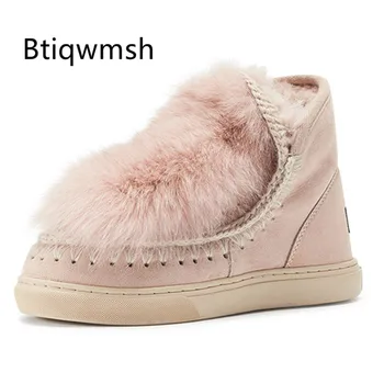 

2020 Fox Fur Snow Boots Women Round Toe Beige Grey Flat Shoes Woman Fashion Ankle Boots For Winter
