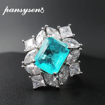 

PANSYSEN Solid Silver 925 Jewelry 8*10MM Paraiba Tourmaline Emerald Gemstone Rings for Women Wedding Anniversary Wholesale Ring