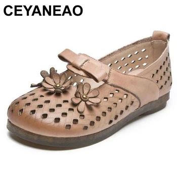 

CEYANEAO Women's shoes with a flat sole; fashionable women's shoes made of genuine leather with flowers; Women's summer footwear