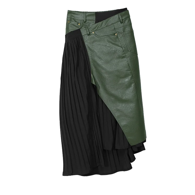 XITAO Tide юбка подчеркивающая индивидуальность Лоскутная Pu плиссированная нерегулярная линия карман женская одежда модная свободная элегантная юбка ZLL4477 - Цвет: green   ZLL4477