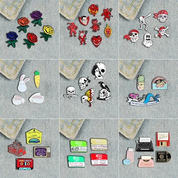 

2-8 Styles/Set of Brooches Cartoon Rabbit Carrot Enamel Badge Pirate Skull Demon Cassette Typewriter Mermaid Pin Lapel Jewelry