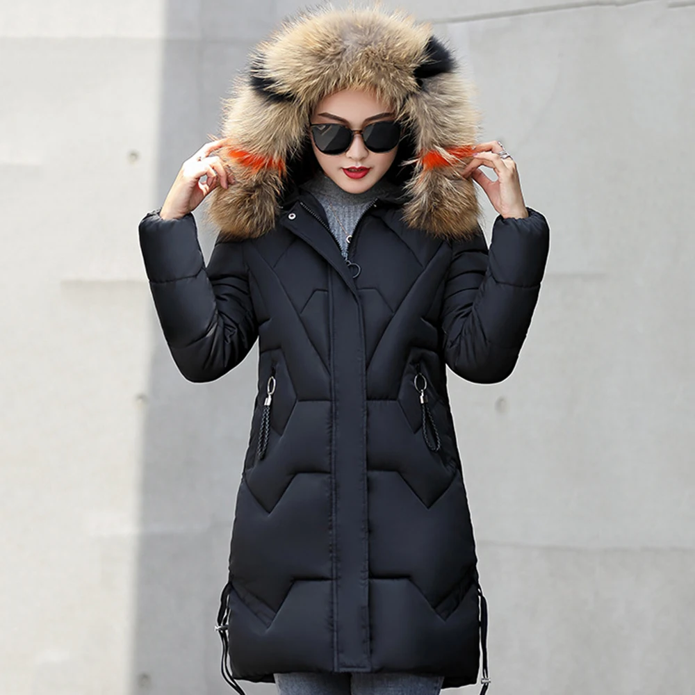 Модное теплое пальто, женские зимние длинные парки, надувной пуховик с капюшоном, съемный меховой воротник, парка, верхняя одежда, женская одежда - Цвет: Черный