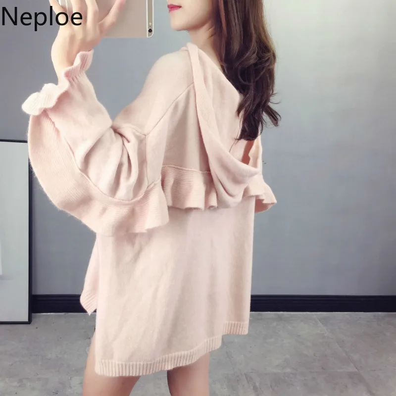 Neploe корейский Толстый Crazy style Pull Femme Hiver элегантный оборками с капюшоном и бантом свитер сплошной крест осень пуловер Топы 45955