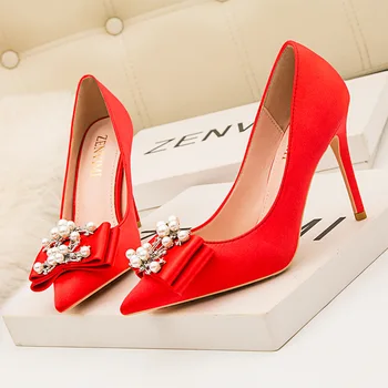 

Shoes Women Thin Heels Pointed Tos Sexy Party Female Pumps Solid Color Butterfly Knot Super High Heels Wedding Shoes